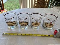Four shot glasses labeled Strychnine, Arsenic, Belladonna, Curare with a tape measure showing size.
