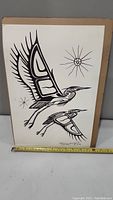 Full art print showing two large stylized birds in flight with star motifs, on white paper with light wear and brown backing board.