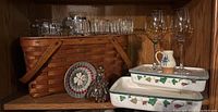Image showing picnic basket, clear glassware, crystal bird figurine, bakeware dishes, cream and sugar set, and crystal wine glasses.