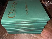 Stack of nine hardcover Cooks Illustrated cookbooks with dark green covers and gold embossing showing 2008 on top.
