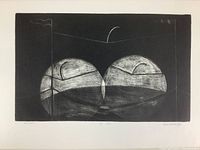 Front view of one black and white lithograph from the Circus Series by Robert Achtimechuk depicting abstract shapes forming a circus motif, signed and numbered.