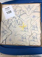 Photo of vintage embroidered tablecloth and napkins set in original box, showing floral pattern and scalloped napkins, tied with yellow ribbon.