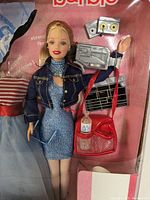 Close-up of Barbie doll and accessories inside the damaged box