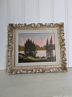 Front view of the handpainted landscape art in ornate wooden frame