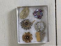 Set of six vintage brooches arranged in a white box showing varied styles and finishes.
