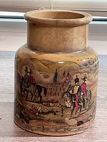 Full view of antique apothecary jar showing detailed battle scene and wide neck