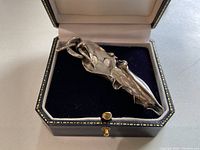 Brooch displayed inside a black and gold-edged presentation box with dark velvet lining.