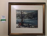 Full view of framed painting showing landscape scene with tree, water, and hills including size labels.