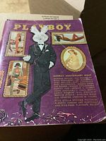 Close-up of magazine cover with purple background featuring man in rabbit costume and multiple small framed nude female images.