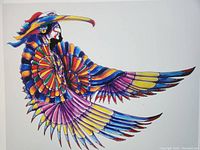 Full view of the lithograph featuring a native Canadian figure with colorful wings resembling feathers in blues, purples, yellows, and reds.
