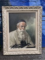 Full view of framed original oil painting showing the elderly man with long white beard and traditional garment.