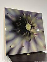 Front view of resin flower art with close-up image of flower center, showing glossy finish and colors.