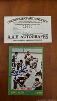 Photograph of the certificate of authenticity from A.A.H. Autographs verifying the autograph of Dave Keon with item number 19990