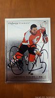 Front view of the autographed Theoren Fleury hockey card in Calgary Flames uniform
