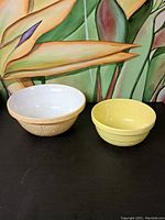 Two vintage ceramic bowls placed side by side on a black surface against a painted floral backdrop.