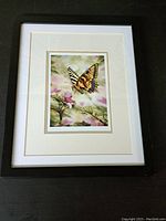 Full view of the framed butterfly artwork in a black frame with double matting.