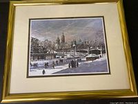 Overall view of the framed original winter scene painting by Inge Claussen showing the full artwork and frame.