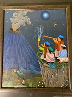 Full view of framed painting showing volcanic eruption, night sky, and figures observing from cliff.
