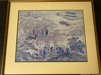 Full view of framed print showing scene of figures in trees with architectural structure in background.