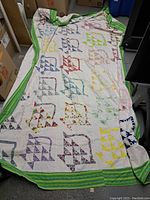 Full view of vintage handmade quilt spread out showing basket pattern blocks and green striped border.
