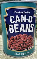 Full view of the giant can of beans mascot costume showing front label and colors