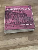 Top view of a stack of vintage Italian vinyl records featuring an album titled Canzonette Italiane with purple cover art.