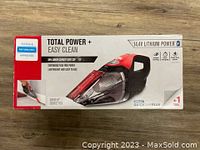 Front view of boxed Dirt Devil handheld vacuum showing product image and features like 14.4V lithium power, cordless, bagless, plus one tool included, and refurbished approved sticker.