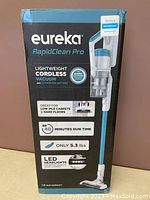 Front view of the sealed original packaging box showing brand and model, highlighting features like 40 minutes run time, 5.3 lbs weight, and LED headlights.