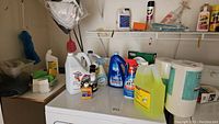 Image of assorted cleaning liquids, sprays, and paper towels arranged on a laundry machine top and wire shelf