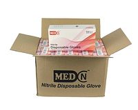 Open cardboard box showing 10 unopened individual white and pink boxes of MEDN nitrile gloves, size medium, 100 gloves per box.