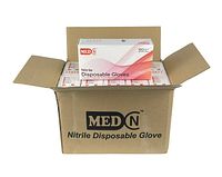 Open box displaying 10 sealed individual boxes of MedN nitrile disposable gloves, each box states 100 gloves, size small.