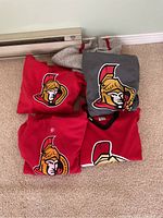 Top down view of the lot showing three folded Ottawa Senators red hoodies and one grey Windriver sweater, all featuring Ottawa Senators logo.
