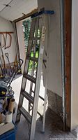 Side view of the 6' aluminum ladder leaning against garage wall showing rungs and side braces.