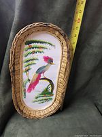 Photo showing the oval wicker serving tray with a measuring tape indicating approximately 17 inches in length. The tray has a colorful peacock painted on a white base with surrounding greenery.