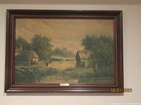 Framed artwork showing a pastoral cottage lane scene, signed by J. Thors.
