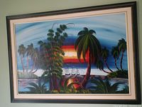 Photo of oil on canvas painting of Dominican Republic landscape, showing palm trees, forest, water, sunset sky with gradient colors, and framed dimensions.