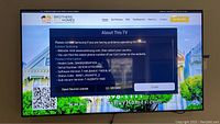 Front view of TV powered on displaying system information