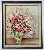 Full view of framed oil on canvas floral still life painting showing composition and frame