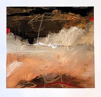 Full frontal image of original abstract acrylic painting by Hugo Frones on paper with brown, cream, and red tones on a dark background, unframed.