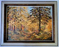 Framed oil painting depicting an autumn forest scene with dense yellow and brown foliage.