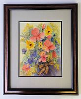 Full view of framed watercolor floral still life painting by M. Cole, showing vintage wooden frame and matting under glass.