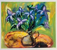 Close-up of the abstract painting showing purple flowers in a textured vase against a green-yellow-blue background. Signature 'Nemo' and date '01' visible bottom left.