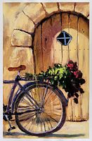 Close-up photo of the acrylic painting showing rustic wooden door, bicycle with flower basket, signature 'Nemo' and date on lower left.