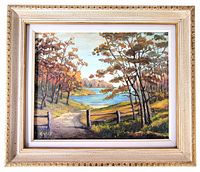 Framed oil painting showing the entire artwork with its vintage decorative wood frame.