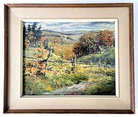 Full view of the framed oil painting showing the landscape scene with autumn foliage, wooden fence, and distant hills.