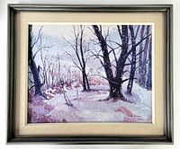 Frontal view of the framed oil painting showing winter forest scene with bare trees and snow. The frame is dark wood with a cream mat.