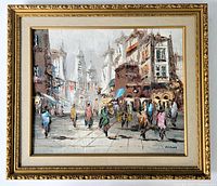 Full view of the framed oil painting showing the European street scene with figures and horse carriages, and signature visible lower right.