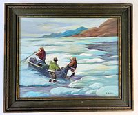 Frontal photo of the oil painting showing three Inuit figures on ice floats in a canoe with visible signature and vintage wooden frame showing wear.