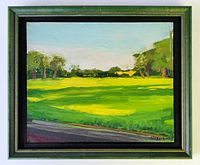 Frontal view of the original oil painting depicting a vibrant green landscape with trees and sky, framed in a vintage green frame.