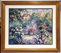 Oil painting in vintage wood frame hung on wall. Painting shows garden scene with iron gate and house in background, signed lower right.